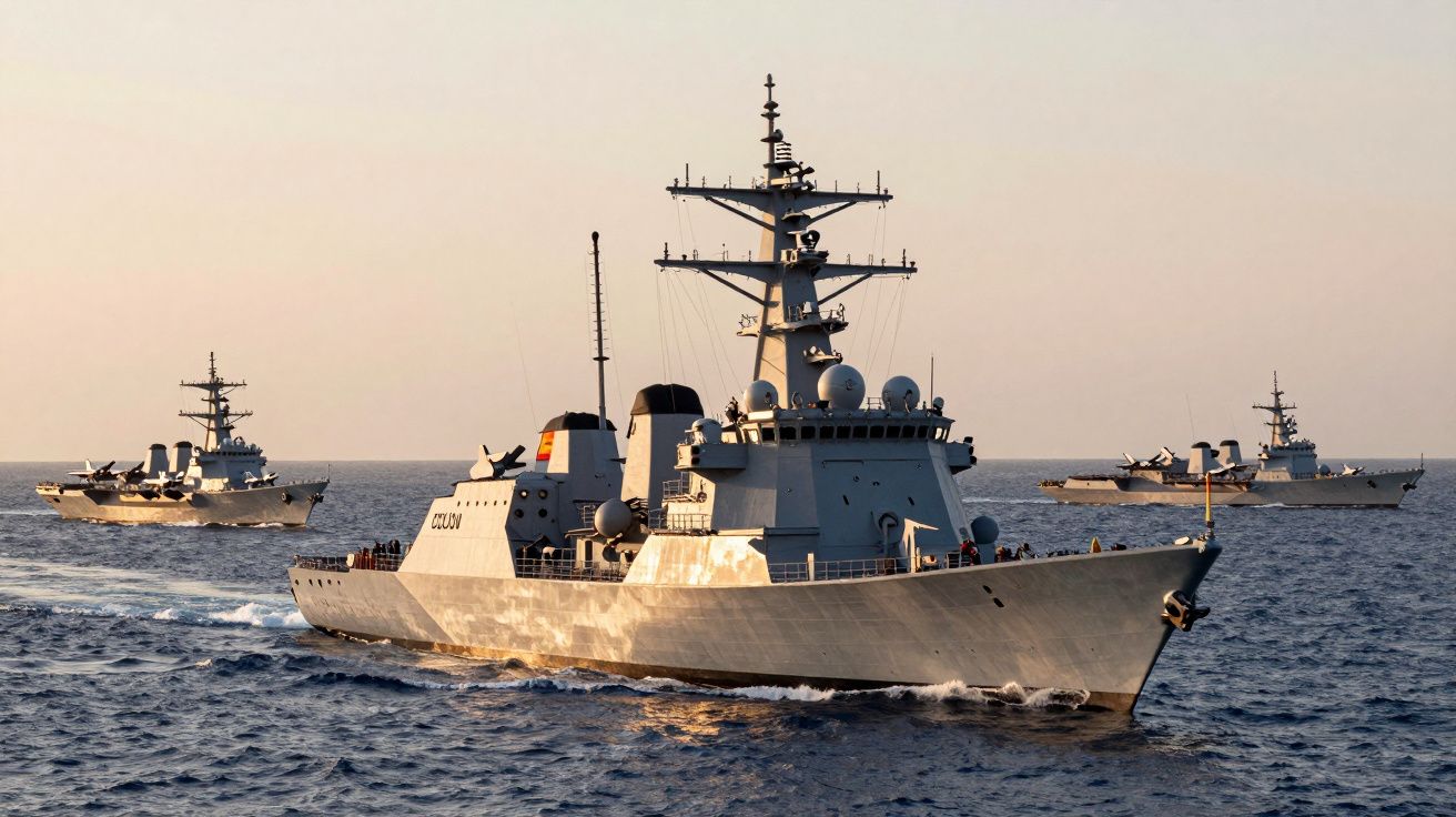 Trzy nowoczesne okręty wojenne płynące po spokojnym morzu o zachodzie słońca.