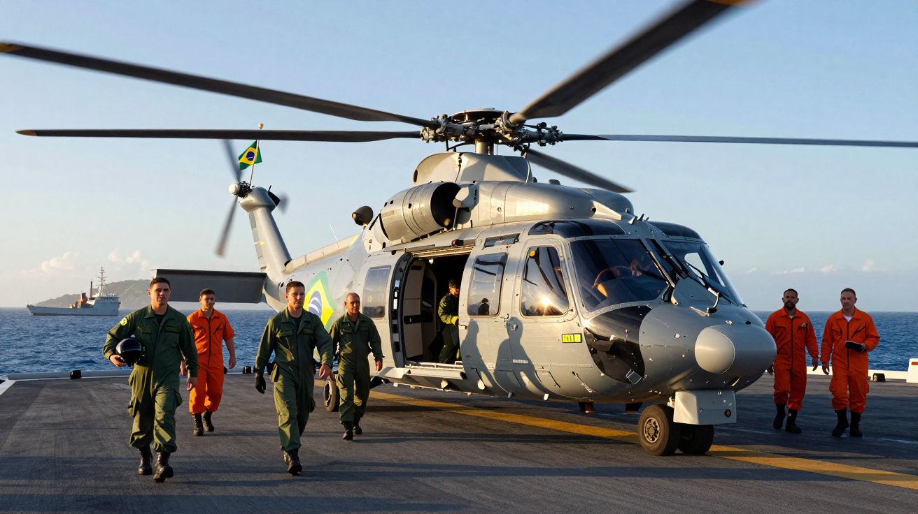 Helikopter wojskowy na lotniskowcu z żołnierzami w kombinezonach w tle na morzu.