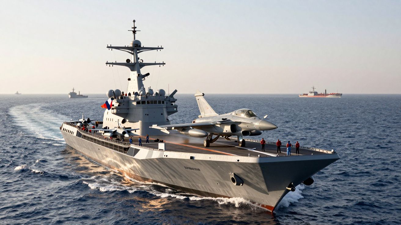 Okręt wojenny z myśliwcem na pokładzie płynący po otwartym morzu przy dobrej pogodzie.