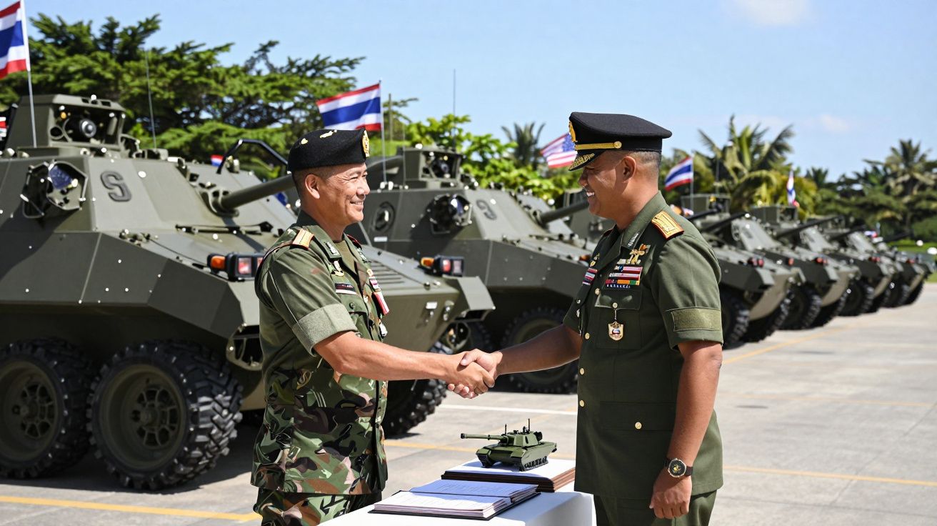Dwaj żołnierze w mundurach ściskają sobie dłonie na tle szeregu opancerzonych pojazdów wojskowych.