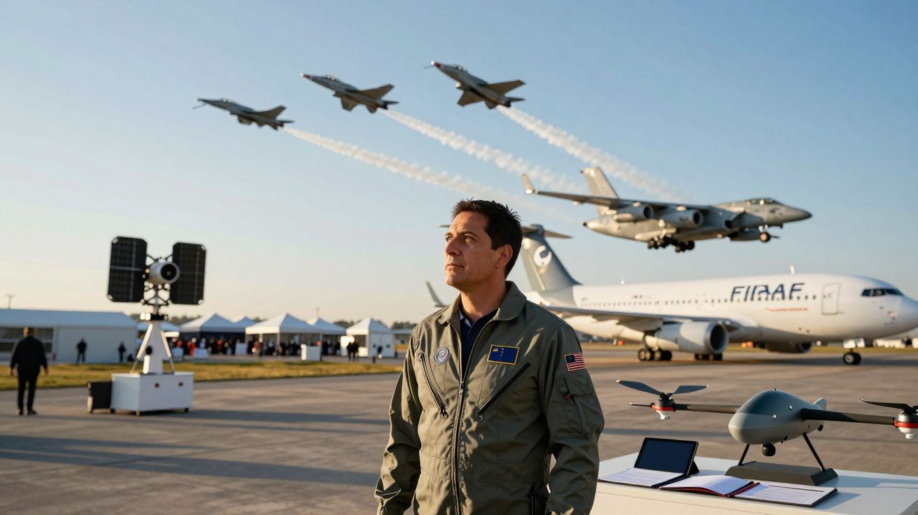 Mężczyzna w kombinezonie pilot sits na lotnisku, w tle samoloty i dron latające na niebie przy zachodzie słońca.