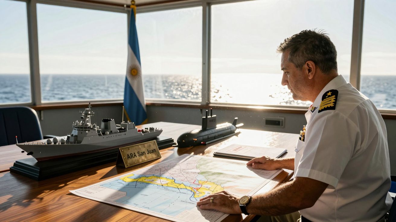 Oficer marynarki przy biurku z modelami okrętu i łodzi podwodnej oraz mapą, za oknem morze.