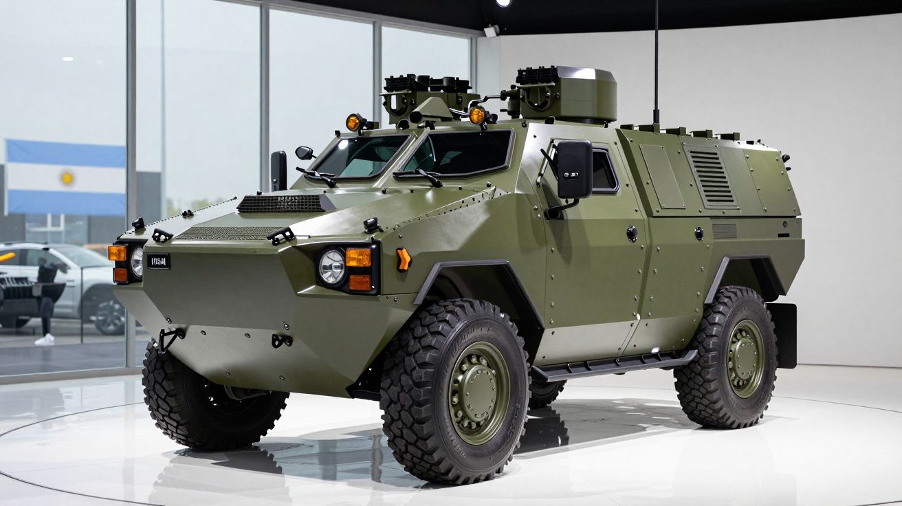 Zielony wojskowy pojazd opancerzony na dużych oponach stojący we wnętrzu z dużymi oknami.