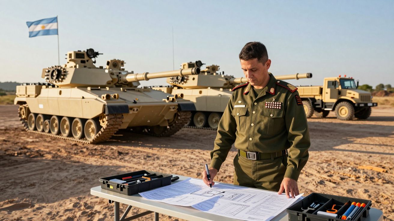 Żołnierz w mundurze stoi przy stole z planami, za nim dwa czołgi i ciężarówka na pustynnym terenie.