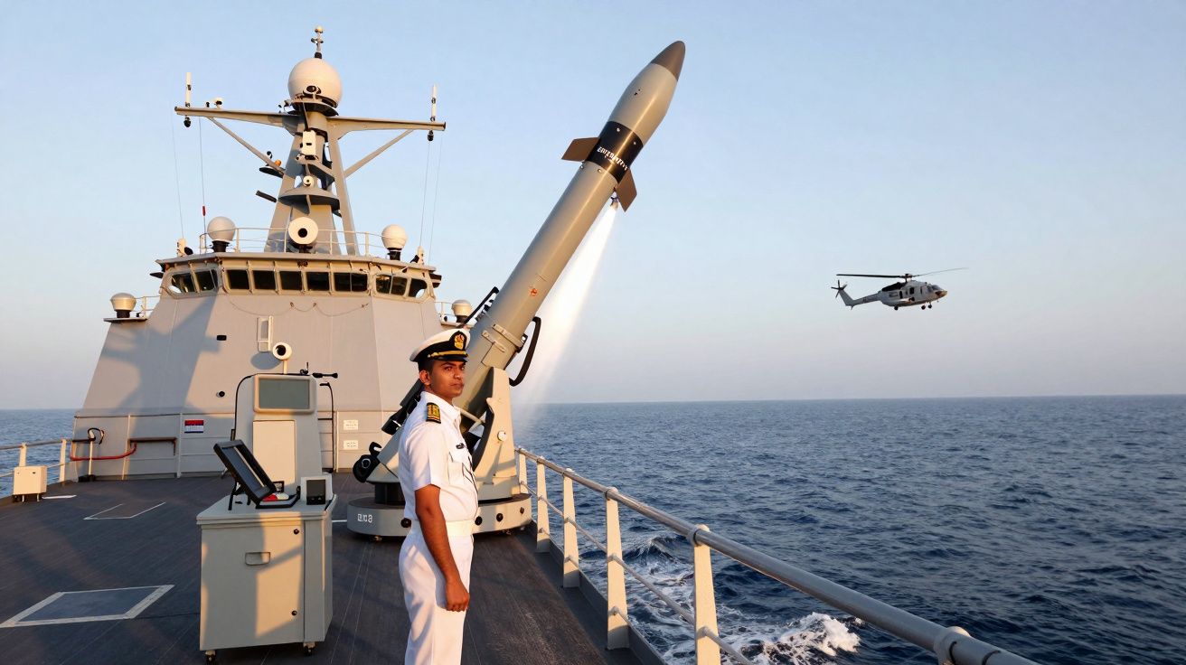 Oficer marynarki stoi na pokładzie okrętu wojennego obok wystrzelonego pocisku, w tle helikopter nad morzem.