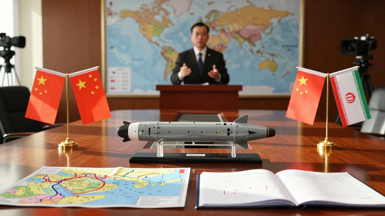 Model pocisku na stole konferencyjnym z flagami Chin i Iranu oraz mapą i dokumentami.