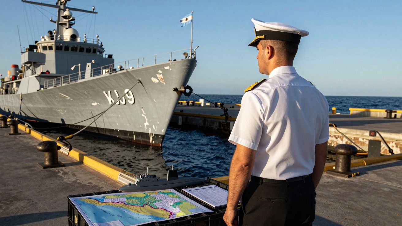 Oficer marynarki w mundurze stoi na nabrzeżu obok mapy i patrzy na cumujący okręt wojenny.