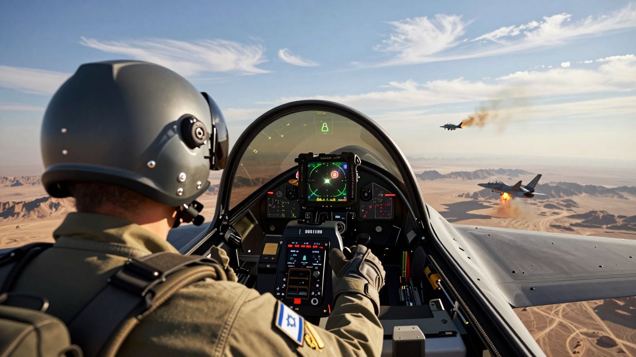 Widok z kokpitu samolotu myśliwskiego podczas lotu nad pustynią z innymi samolotami walczącymi w powietrzu.