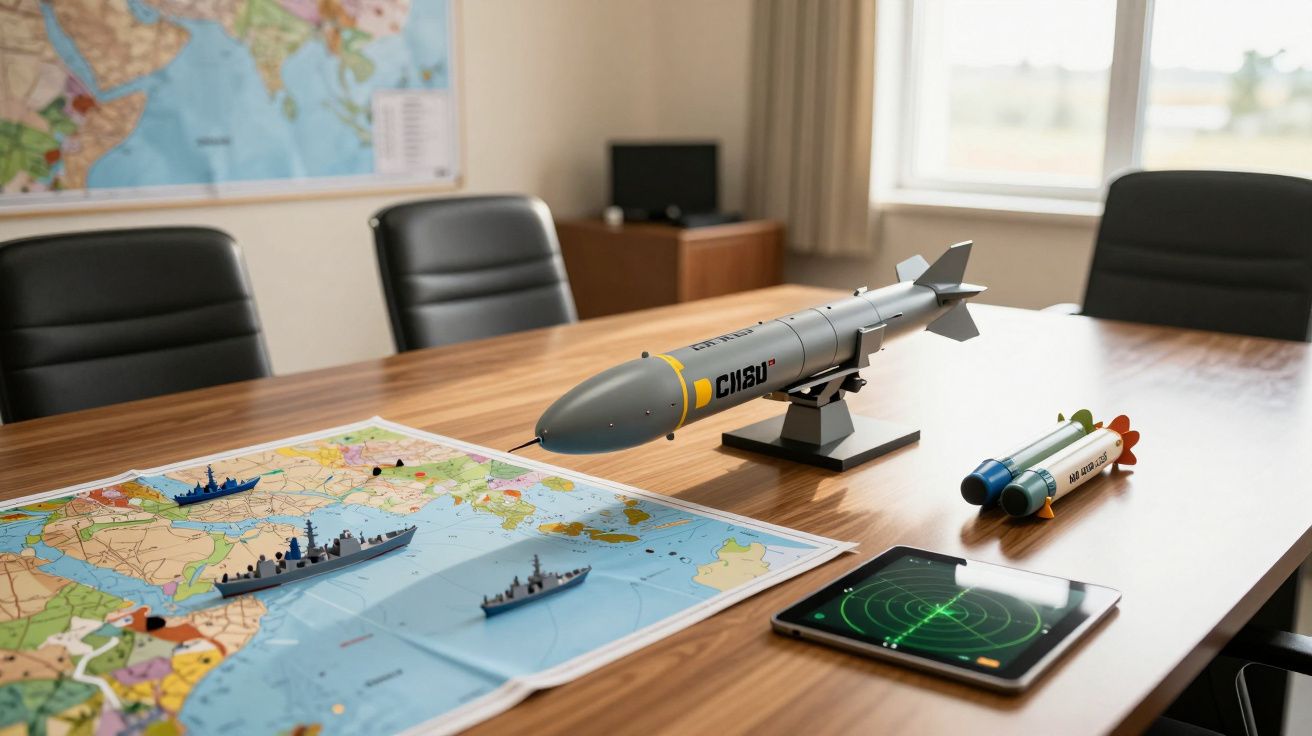 Model rakiety i okrętów na stole z mapą morską oraz tablet z symulatorem radaru w pokoju konferencyjnym.