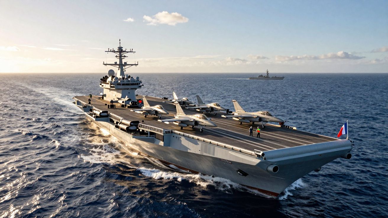 Lotniskowiec wojskowy na otwartym morzu z kilkoma samolotami na pokładzie i francuską flagą.
