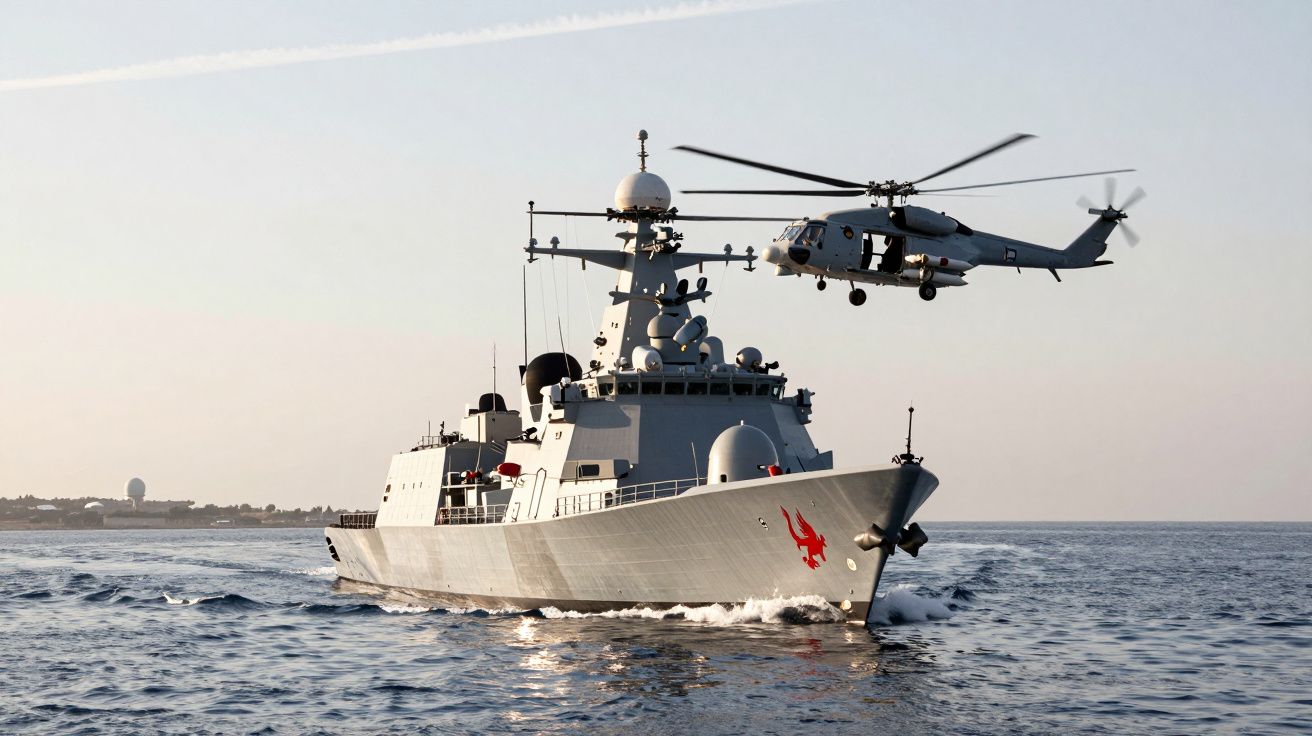 Okręt wojenny na morzu i lecący nad nim helikopter wojskowy przy jasnym niebie.