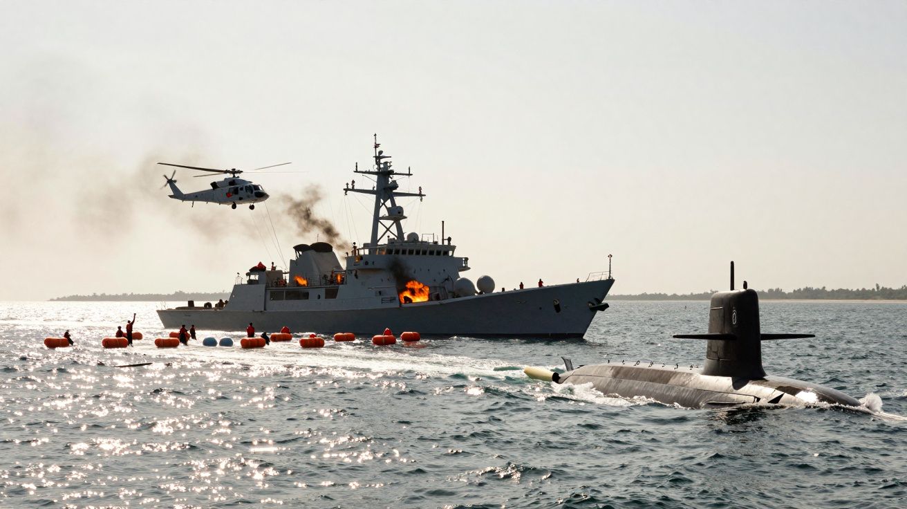 Okręt wojenny płonący na morzu, helikopter nad nim i wynurzająca się łódź podwodna obok.