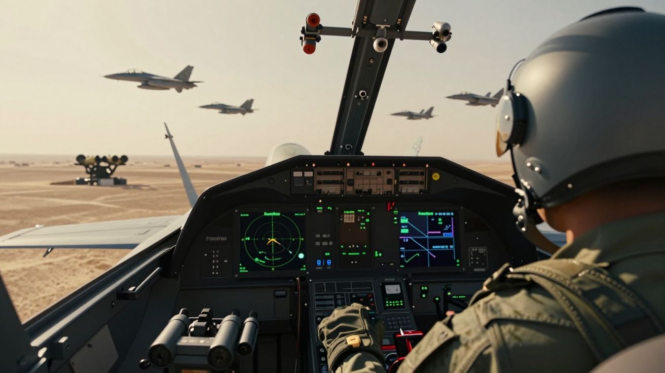 Widok pilota w kabinie myśliwca wojskowego z czterema myśliwcami na niebie na tle pustyni.