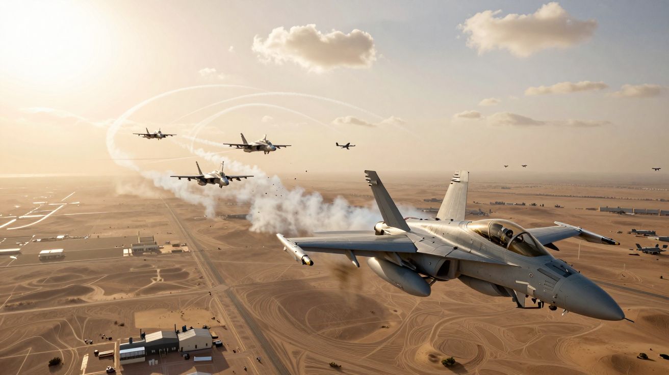 Kilka myśliwców wojskowych latających nad pustynnym terenem przy zachodzie słońca.