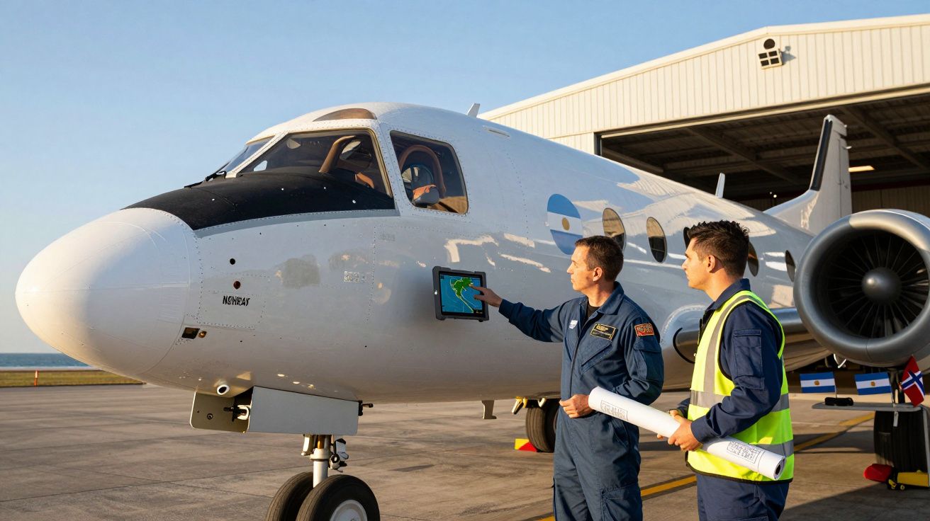 Dwaj technicy lotniczy sprawdzają tablet przy samolocie na pasie startowym w słoneczny dzień.