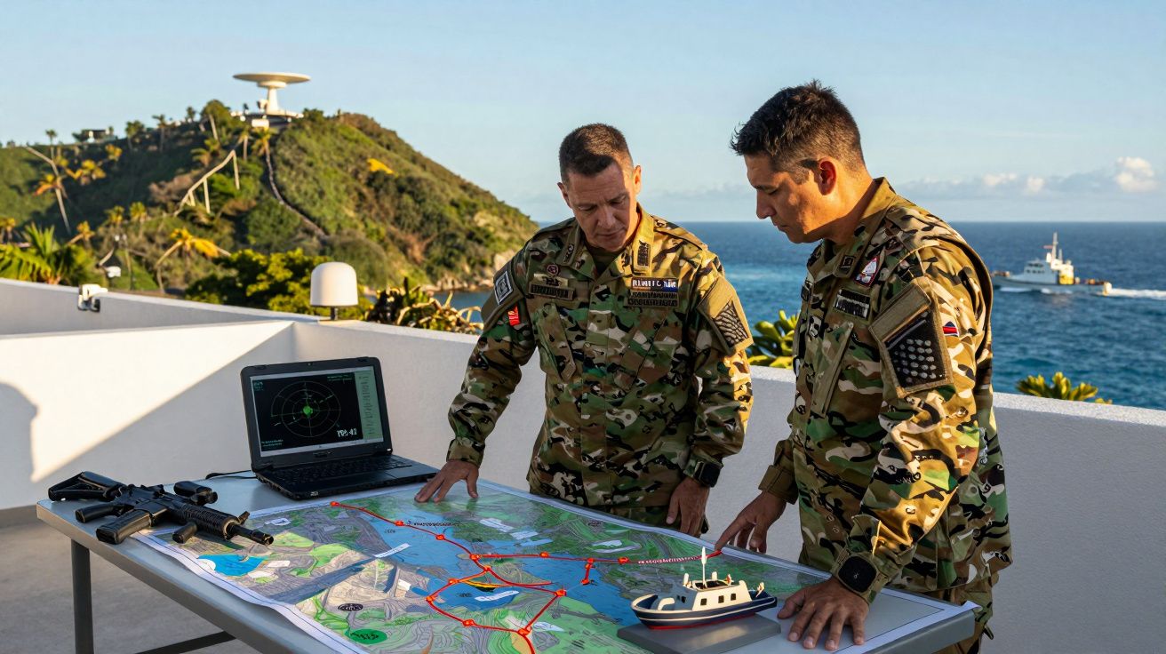 Dwaj żołnierze analizują mapę i model statku na stole na świeżym powietrzu, obok laptopa z radarami.