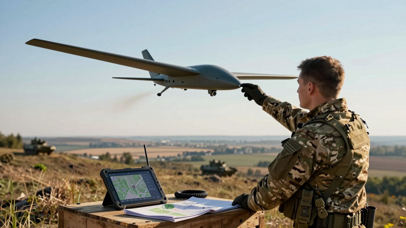 Żołnierz w kamuflażu uruchamia bezzałogowy dron nad poligonem wojskowym.