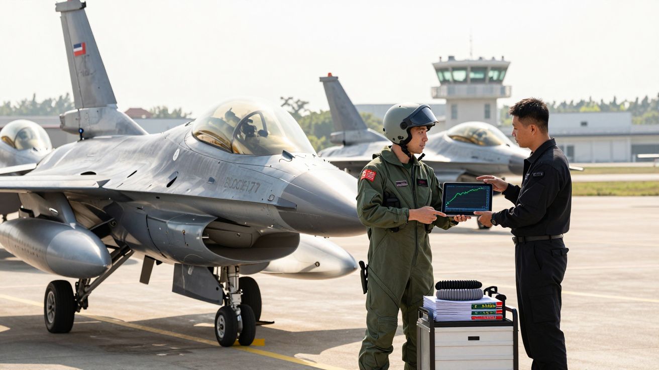 Dwaj piloci w mundurach rozmawiają przy myśliwcu F-16 na lotnisku wojskowym.