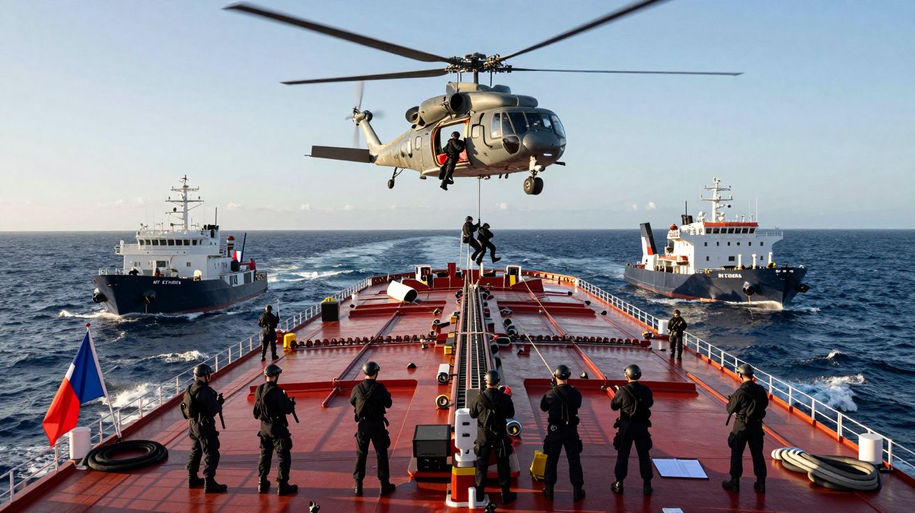 Helikopter wojskowy nad pokładem statku, na którym stoi grupa uzbrojonych ludzi, w otwartym morzu.