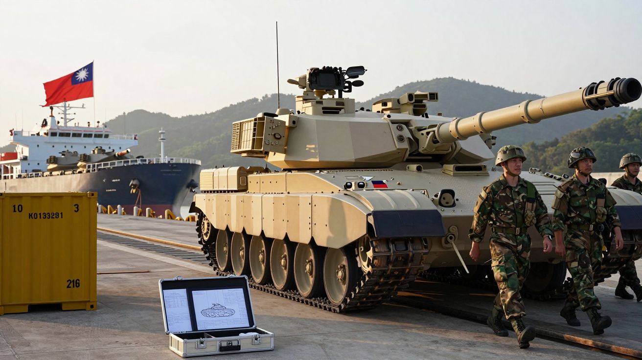 Czołg wojskowy na nabrzeżu z żołnierzami i statkiem z flagą Tajwanu w tle.