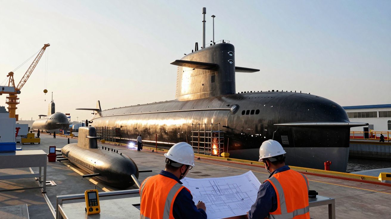 Dwóch pracowników w kaskach i kamizelkach analizuje plany przy stoczni z dużą i małą łodzią podwodną.