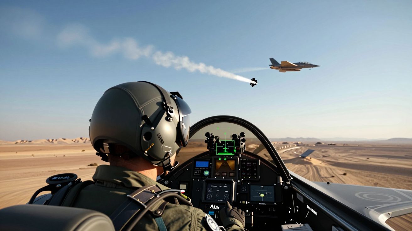 Pilot w kokpicie myśliwca widzi samolot i wyrzucane flary nad pustynnym terenem.