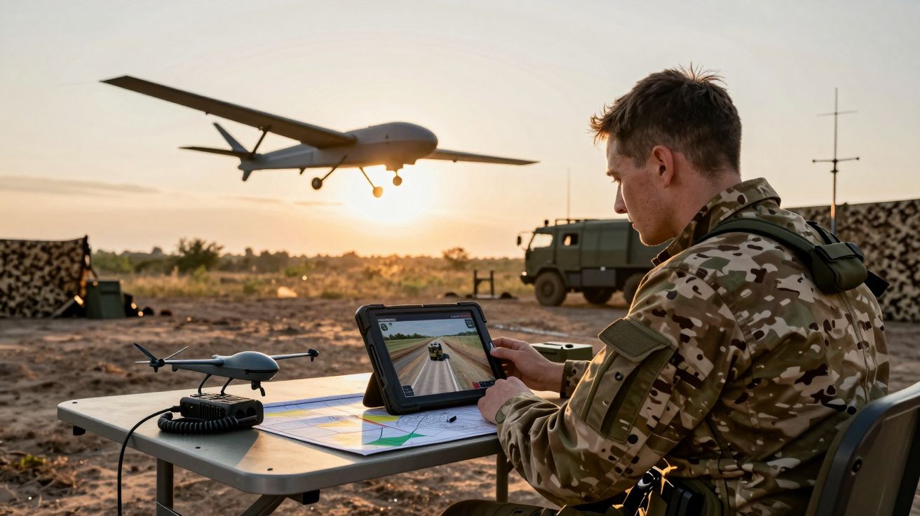 Żołnierz sterujący dronem wojskowym przy stole na polu podczas zachodu słońca.