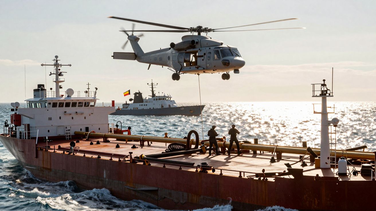 Śmigłowiec nad statkiem towarowym na morzu, w tle okręt wojenny z flagą Litwy.
