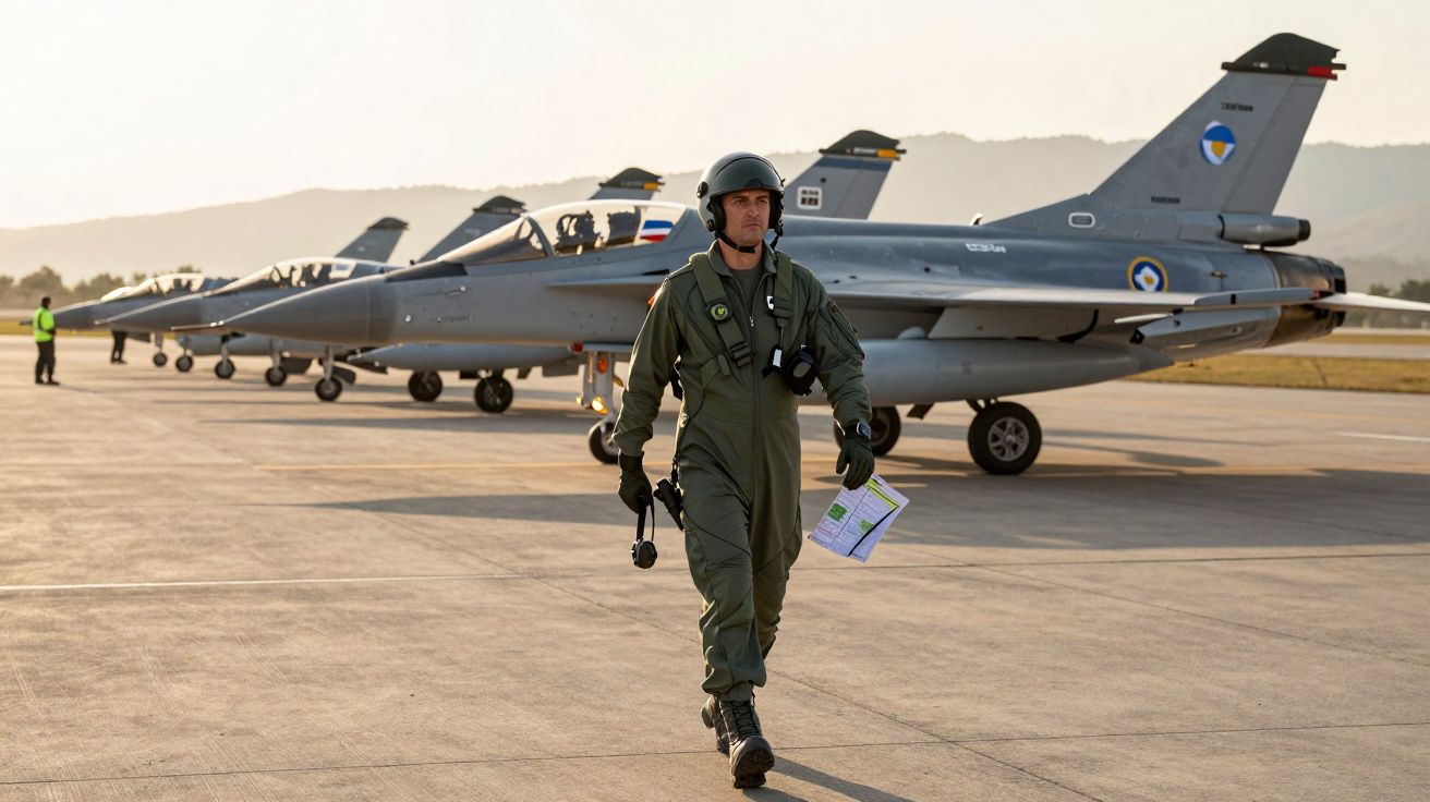 Żołnierz w kombinezonie pilotów przechodzi obok zaparkowanych myśliwców na lotnisku wojskowym o zachodzie słońca.