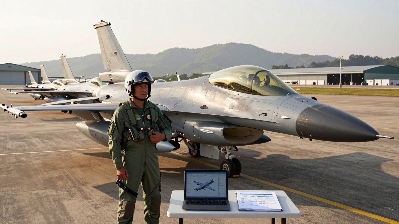 Lotnik w kombinezonie stoi przy odrzutowcu F-16 na pasie startowym, obok stół z laptopem i dokumentami.