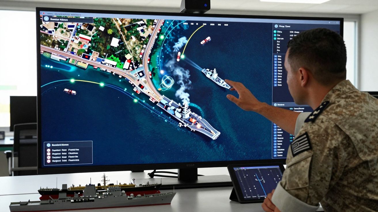 Żołnierz analizujący sytuację morską na dużym ekranie z modelem statku na biurku.