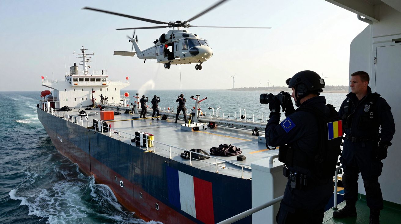 Helikopter ląduje na pokładzie statku, a żołnierze wykonują ćwiczenia na morzu.