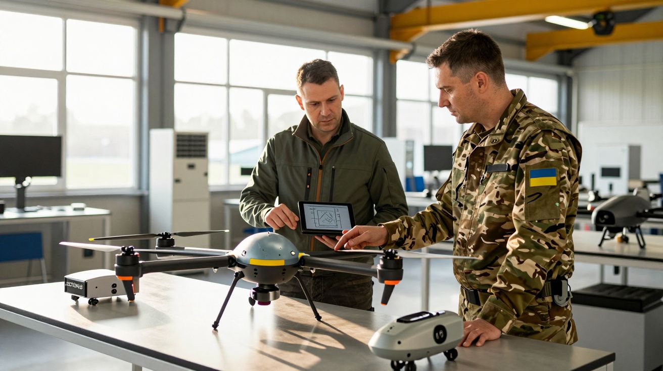Dwóch mężczyzn w mundurach wojskowych analizuje drona na stole w jasnym warsztacie.