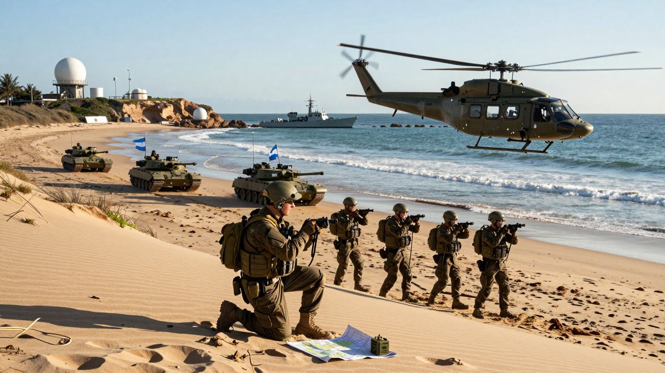 Żołnierze na plaży z czołgami w tle i szybujący helikopter wojskowy nad wodą.
