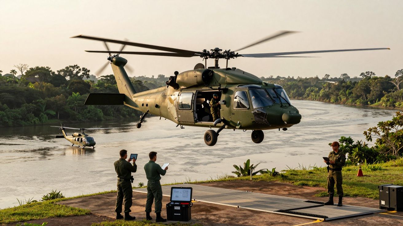 Śmigłowiec wojskowy unoszący się nad lądowiskiem obok rzeki, z personelem realizującym operację.