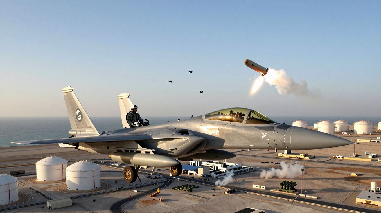 Myśliwiec wojskowy startujący z lotniska wojskowego z wystrzeloną rakietą w tle nad nabrzeżem.