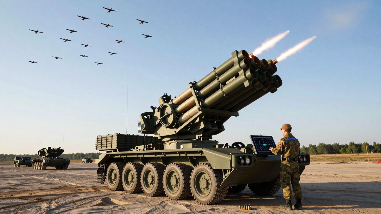 Wojsko obsługuje wyrzutnię rakietową na poligonie, w tle formacja samolotów na niebie.