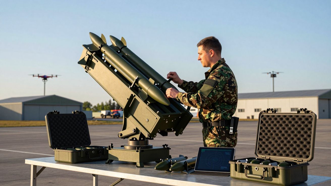Żołnierz w kamuflażu przygotowujący pociski rakietowe na stole obok walizek i tabletu na poligonie wojskowym.