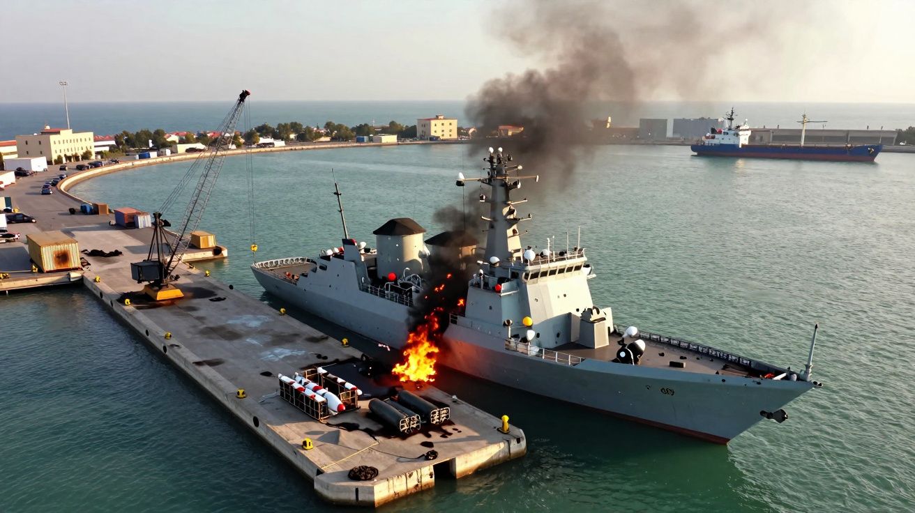 Pożar na wojskowym okręcie wojennym zacumowanym przy nabrzeżu portowym, dym nad statkiem.