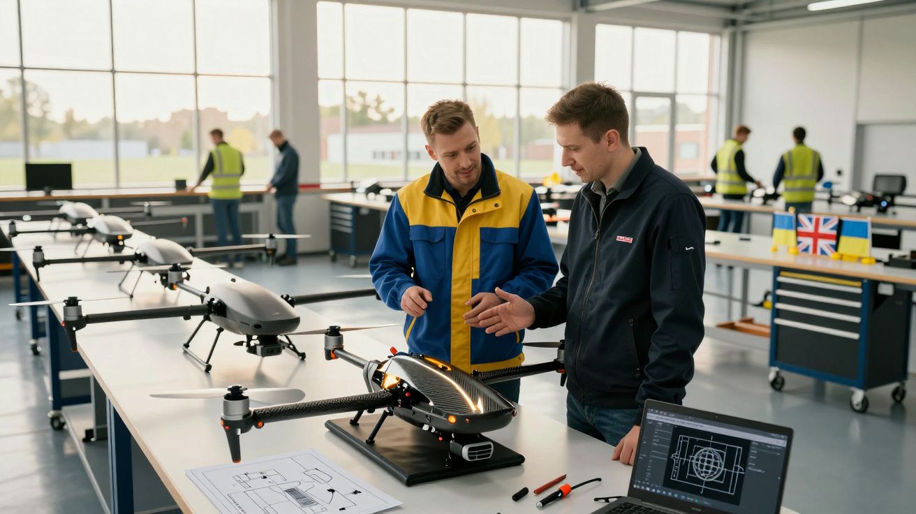 Dwóch mężczyzn analizuje drona na stole w nowoczesnym laboratorium technologicznym.