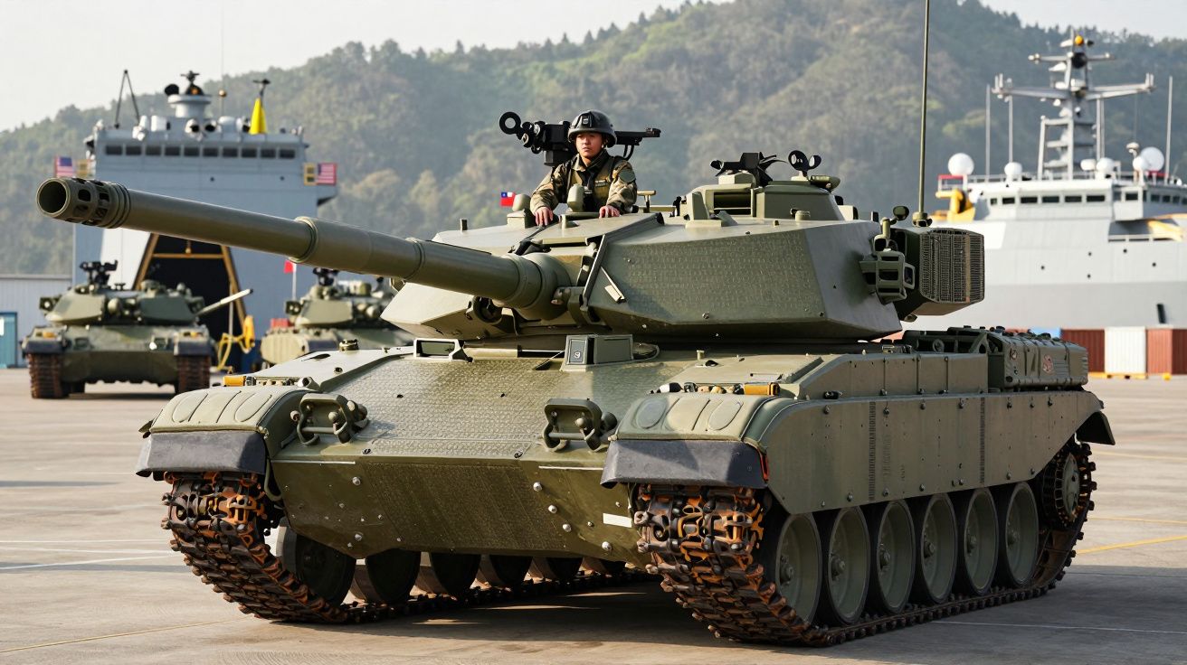 Czołg wojskowy na płycie portowej z żołnierzem na wieży i statkami w tle.