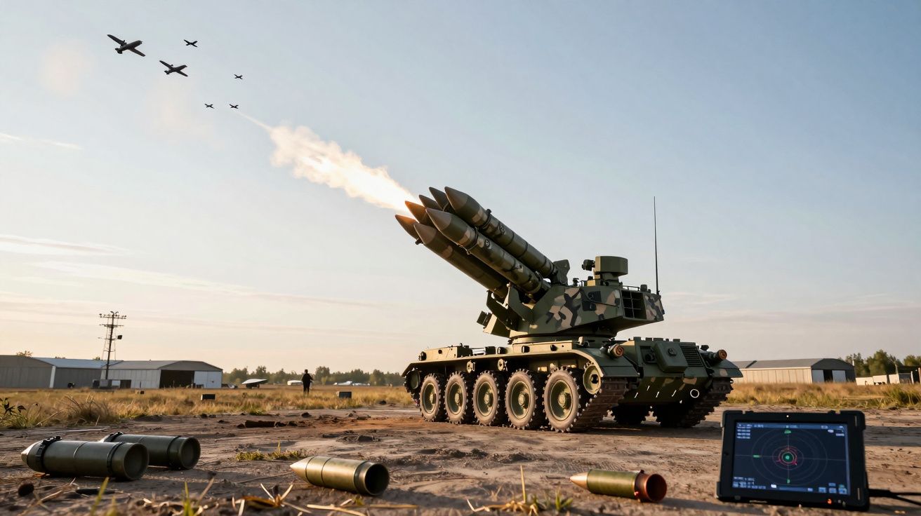 Pojazd opancerzony wystrzeliwujący rakiety na poligonie wojskowym podczas ćwiczeń.