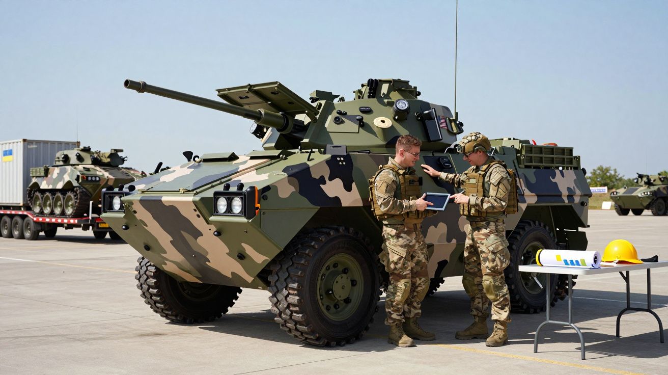 Dwaj żołnierze w mundurach stoją obok opancerzonego pojazdu wojskowego na lotnisku.