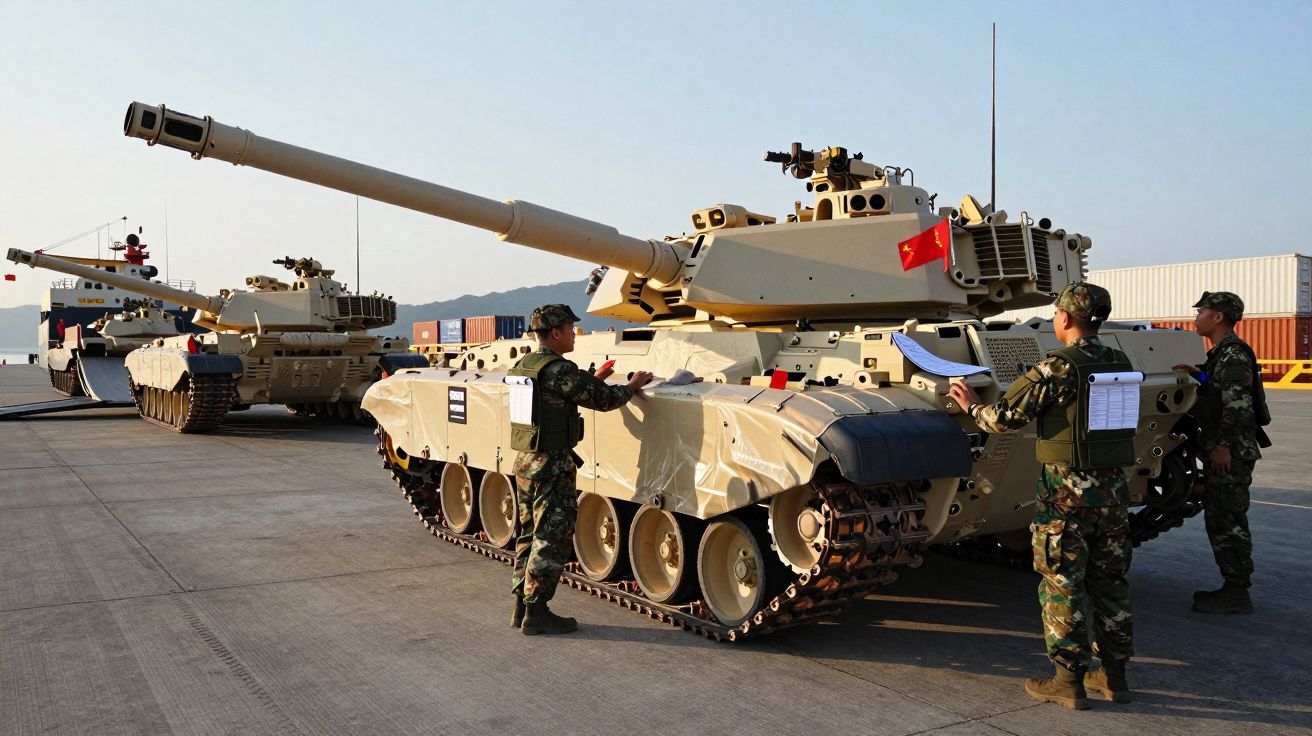 Żołnierze przeglądają nowoczesne czołgi ustawione na placu z kontenerami w tle.