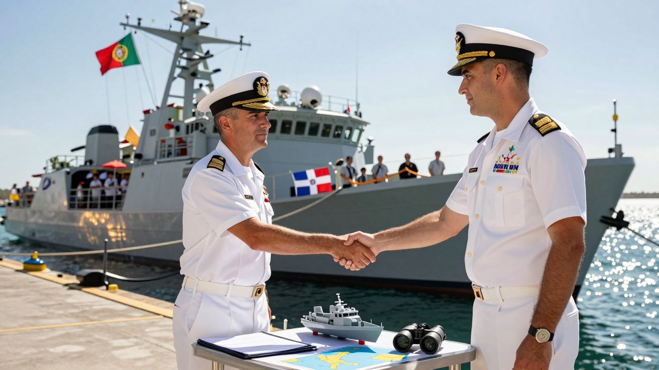 Dwóch marynarzy w mundurach ściska dłonie na nabrzeżu z okrętem wojennym w tle.