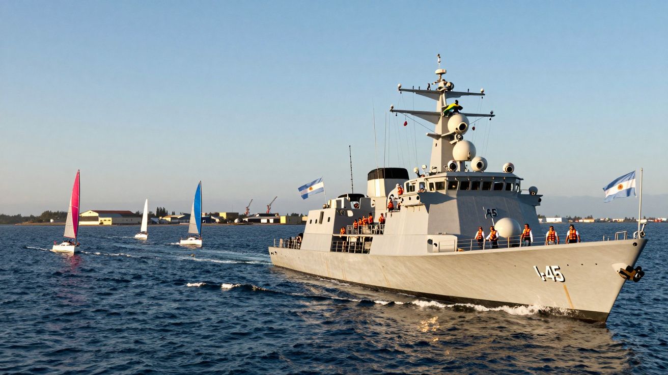 Okręt wojenny z numerem 145 na wodzie, w tle żaglówki i wybrzeże.