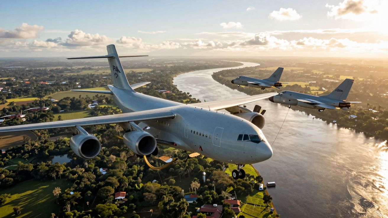 Trzy wojskowe samoloty na czystym niebie nad rzeką i zielonym krajobrazem za dnia.