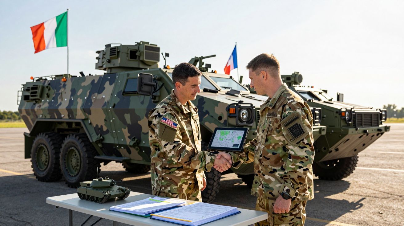 Dwóch żołnierzy w mundurach wojskowych ściska sobie dłonie przy stoliku z dokumentami, w tle pojazd wojskowy.