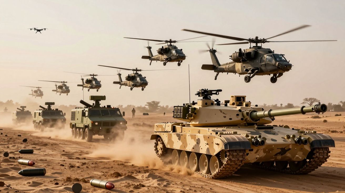 Kolumna wojskowych pojazdów opancerzonych i śmigłowce bojowe wylatujące nad pustynnym terenem.