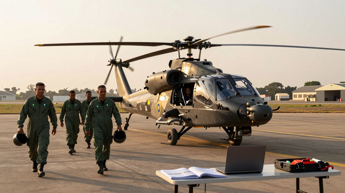 Czterech żołnierzy w kombinezonach wojskowych idzie obok wojskowego helikoptera na lotnisku o zmierzchu.